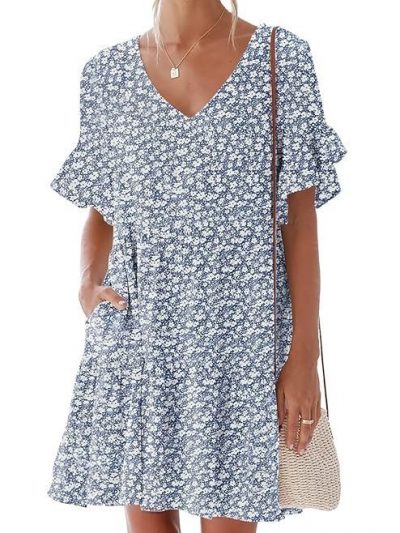 nclook Women's Summer Casual Dress Sweet & Cute V-Neck Mini Dress with Pocket Short Sleevele Ruffle Dress