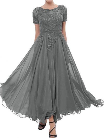 Tea Length Mother of The Bride Dresses Lace Evening Formal Dress Short Sleeve Wedding Guest Groom Dress Applique Women's, Steel Grey, 24 Plus