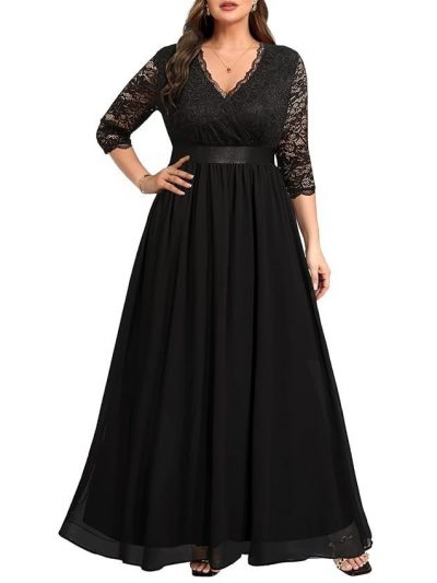 Women's Plus Size Lace Chffon Long Maxi 3/4 Sleeve V-Back Formal Dress
