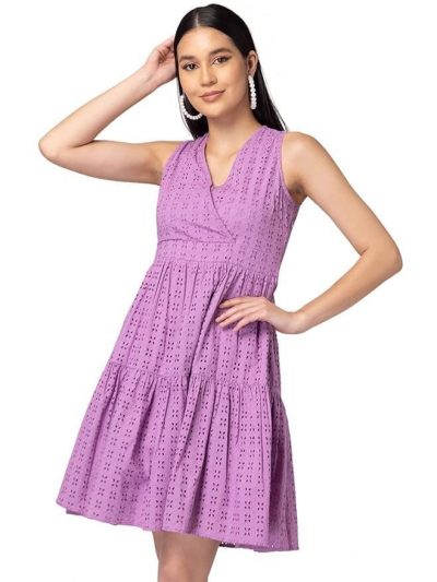 FabAlley Women Lilac Schiffli Cotton Mini Dress