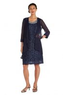 R&M Richards Women's Two Piece Fly Away Jacket Over Beaded Neck Laced Dress