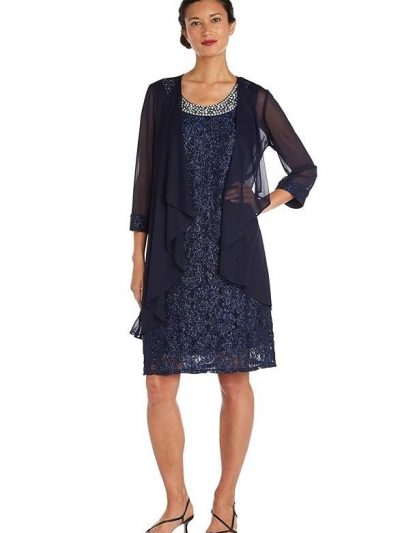 R&M Richards Women's Two Piece Fly Away Jacket Over Beaded Neck Laced Dress