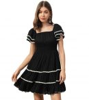 DEEBACO Solid Rayon Smocking Tiered Dress for Women's|Short Layered Bell Sleeves Square Neck Above Knee Length Dress|Summer Wear Girls Dress Western Party Casual Wear Outfits for Ladies