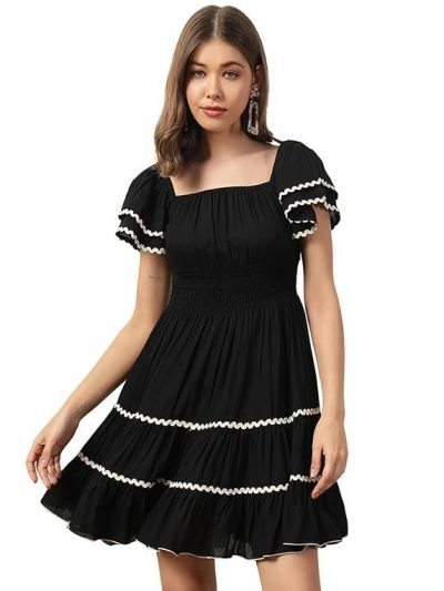 DEEBACO Solid Rayon Smocking Tiered Dress for Women's|Short Layered Bell Sleeves Square Neck Above Knee Length Dress|Summer Wear Girls Dress Western Party Casual Wear Outfits for Ladies