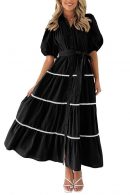 PRETTYGARDEN Women's Summer Button Down Shirt Dress Short Puffy Sleeve Tiered Ruffle Flowy Long Maxi Dresses