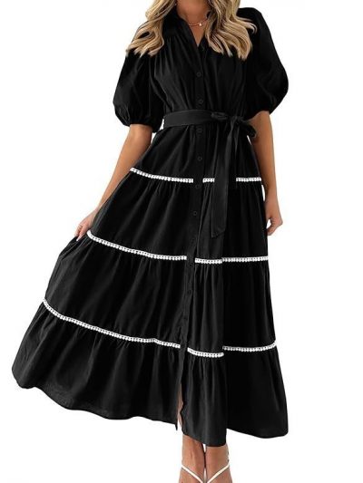 PRETTYGARDEN Women's Summer Button Down Shirt Dress Short Puffy Sleeve Tiered Ruffle Flowy Long Maxi Dresses