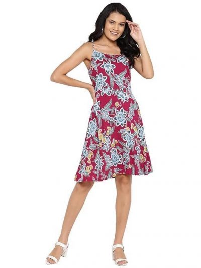 DEEBACO Women's Fit & Flare Knee Length Midi Western Dress for Women Strap Shoulder Sleeveless Beautiful Printed Girls A-Line One Piece Summer Dresses