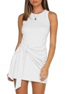 LIYOHON Women's Summer Short Dress Casual Crewneck Sleeveless Solid Color Ruched Tie Waist Bodycon Tank Mini Dresses (TT/White, Small, s)
