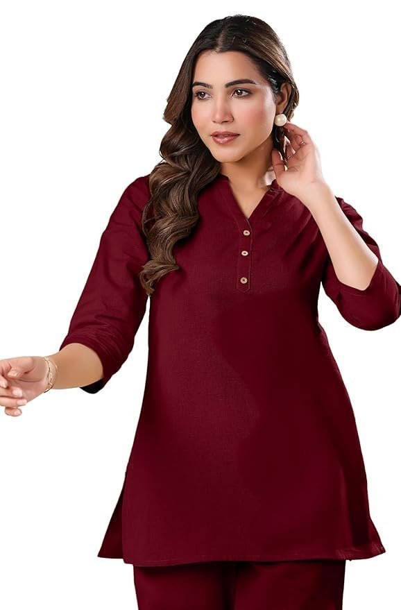 Janasya Women's Cotton Plain A-Line Top with 3/4 Sleeve, Side Slit Perfect for Casual Wear