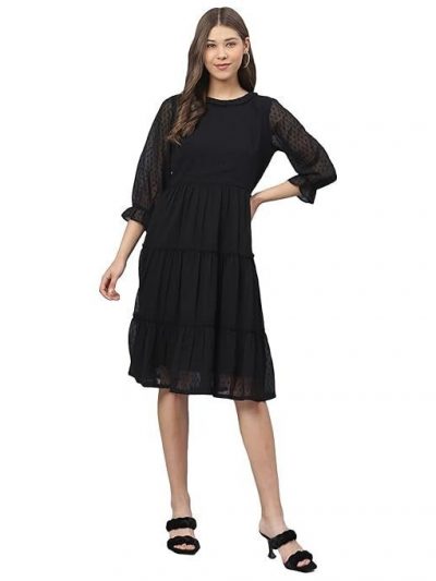 DEEBACO Women's Fit & Flare Midi Dress|Western Dress for Women|Bishop Sleeves Dress|Girl's Dress|One Piece Dress|Summer Dresses for Women Dress|Dobby Georgette Dress (Black)