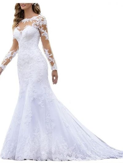 Fanciest Women's Lace Chiffon Beach Wedding Dresses for Bride 2023 with Sleeves Long Bridal Gown