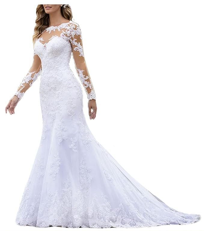 Fanciest Women's Lace Chiffon Beach Wedding Dresses for Bride 2023 with Sleeves Long Bridal Gown