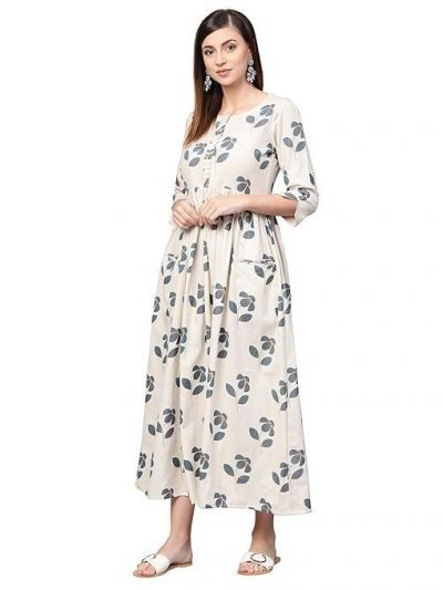 idaLia Designer Dresses for Women - Floral Printed Cotton A-Line Dress with Pockets - Women Dresses - 3/4 Sleeve, Round Neck, Flared Hem, Fusion Dress