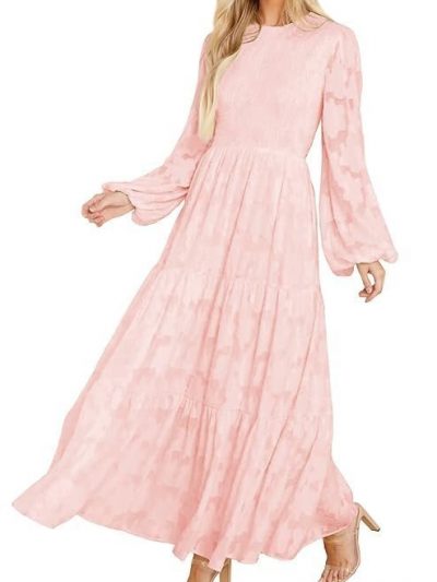 MITILLY Women's Elegant Floral Long Sleeve Round Neck Smocked A-Line Flowy Tiered Maxi Dress with Pockets