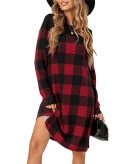 PALINDA Women's Long Sleeve Red Buffalo Plaid Dress Loose Keen Length Christmas Tunic Dress