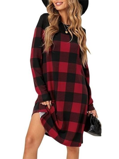 PALINDA Women's Long Sleeve Red Buffalo Plaid Dress Loose Keen Length Christmas Tunic Dress