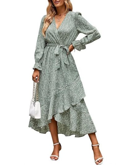 BTFBM Women Long Sleeve V Neck Boho Floral High Waist Flowy Ruffle Maxi Dresses 2024 Spring Summer Dresses with Belt