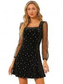 Allegra K Women's Mesh Sheer Puff Long Sleeve Square Neck Glitter Star Mini Velvet Dress