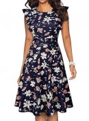 YATHON Women's Vintage Ruffle Floral Flared A Line Swing Casual Cocktail Party Dresses