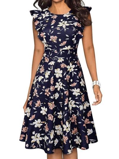 YATHON Women's Vintage Ruffle Floral Flared A Line Swing Casual Cocktail Party Dresses