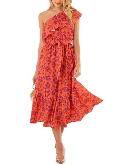BTFBM Women's One Shoulder Maxi Dress Sleeveless Casual Summer Layered Ruffle Boho Floral Print Party Beach A-line Dresses