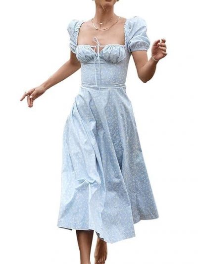 Puff Sleeve High Waist Bodycon Maxi Dress Floral Print Women Long Dress Zipper Splayed Neck Holiday Elegant A Line S