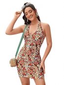 Floerns Women's Sleeveless Halter Backless Tie Back Floral Bodycon Mini Dress