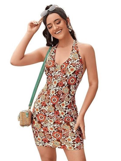 Floerns Women's Sleeveless Halter Backless Tie Back Floral Bodycon Mini Dress
