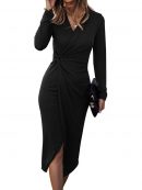 SHIBEVER Women's Long Sleeve Dress: Midi Casual V Neck Dresses Twist Waist Ribbed Knit Bodycon Slit Cocktail Party Dress