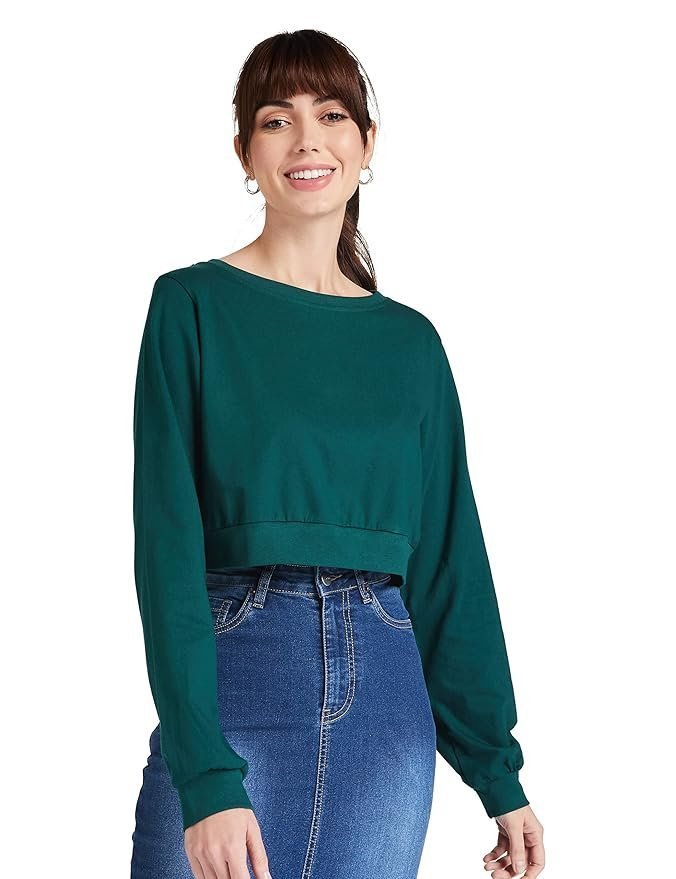 Miss Chase Women's Super Soft Round Neck Full Sleeves Solid Boxy Crop Top