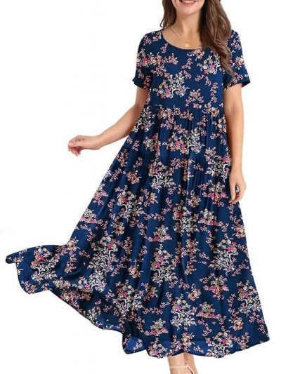 YESNO Women Casual Loose Long Maxi Bohemian Floral Dress Layered Lightweight Summer Beach Short Sleeve Swing Dress/Pockets EJF