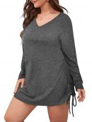 CATKOO Women Long Sleeve Dress with Drawstring V Neck Plus Size Mini Dress