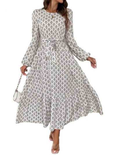 LUOLINGONGJUE® Women's Printed Lantern Sleeve Ruffled Long Dress – Lightweight & Comfortable