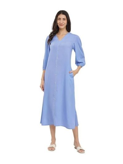 Pink Fort Rayon Solid Buttoned Maxi Dress - Blue