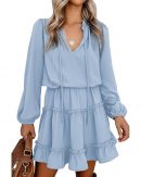 BTFBM Women Casual Summer Fall Dresses Tie V Neck Long Sleeve High Waist Ruffle Tiered A Line Swing Tunic Mini Dress