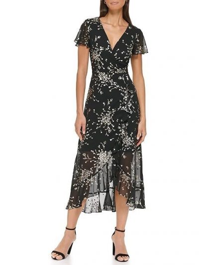 kensie Women's Printed Chiffon Assym Midi Dress