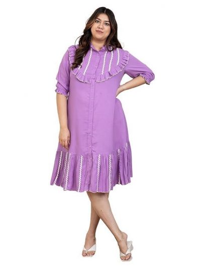 DEEBACO Solid Rayon Women's Plus Size Tiered Shirt Dress|Mandarin Collar Half Sleeve Regular Fit Calf Length|Western Party Casual Wear Summer Ladies Dress