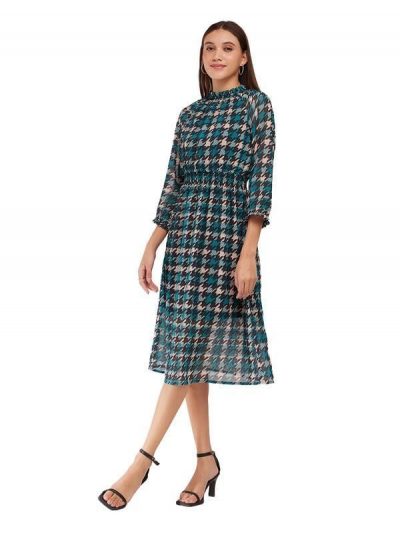 FableStreet Houndstooth A-line Dress - Teal