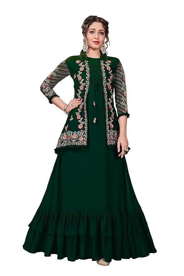 Miss Ethnik Women's Faux Georgette Semi Stitched Top With Faux Georgette Jacket Solid Flared Top Dress Material