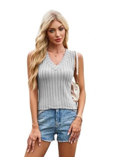 MIPPO® Spring & Summer Sleeveless Large V-Neck Solid Color Striped Pullover – Women’s Simple Top