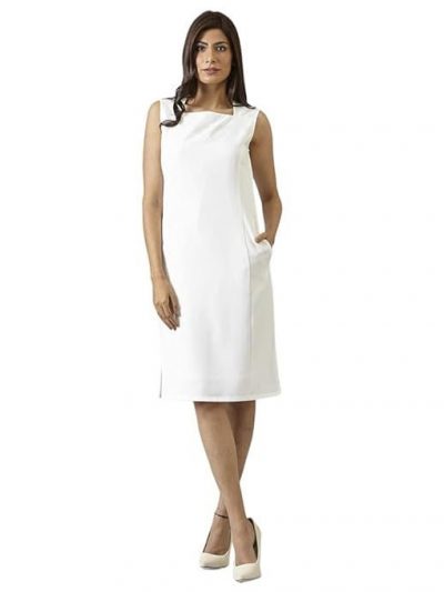 FableStreet Women's Polyester Square Neck Shift Midi Dress - Off White