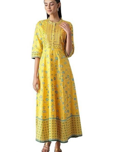 Aurelia Women's Cotton Yellow Flared Dress Midi