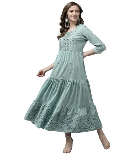 YUFTA Women Pink Embroidery Cotton Pleated Dress