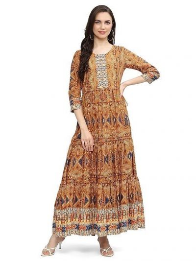 BIBA Women Mustard Cotton Tiered Dress