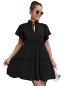 TNIU Women Short Sleeve Mini Dress Ruffles Stand Collar A-line Sundress
