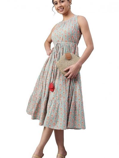 Janasya Women's Cotton Fit and Flare Midi Gown