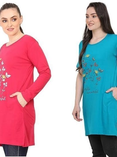 CRAFTLY Women's/Ladies/Girls Long Polo T-Shirts | Slim Fit Solid T-Shirts | Tops Stylish Round Neck Regular Fit Cotton Half Sleeve Shirt Combo (Pack of 2)