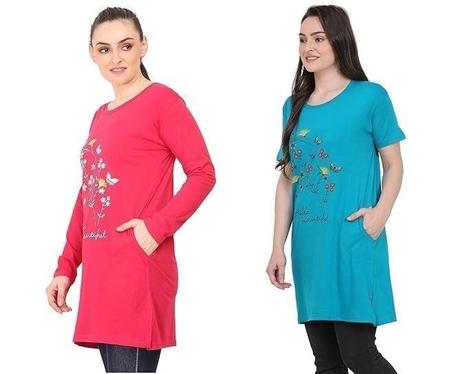 CRAFTLY Women's/Ladies/Girls Long Polo T-Shirts | Slim Fit Solid T-Shirts | Tops Stylish Round Neck Regular Fit Cotton Half Sleeve Shirt Combo (Pack of 2)