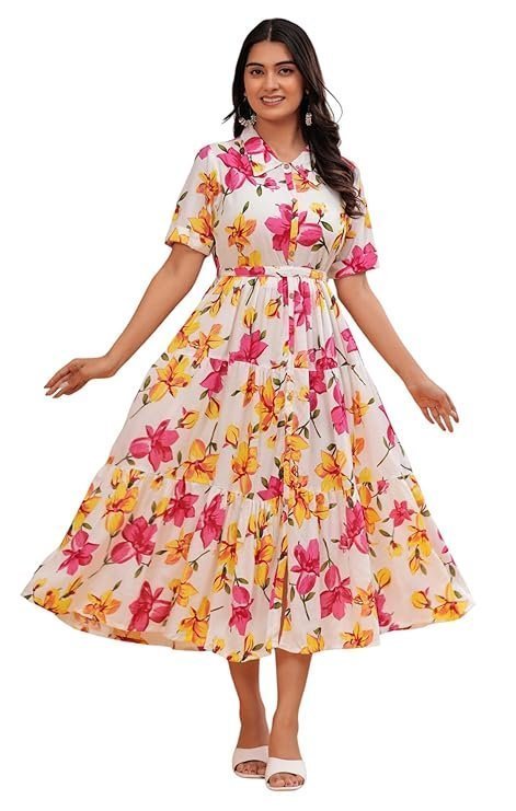 Jikonet Women's Western Dress Floral Printed Cotton Maxi Dress