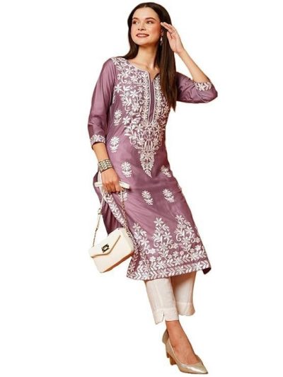 GoSriKi Women's Cotton Blend Straight Chikankari Embroidered Kurta